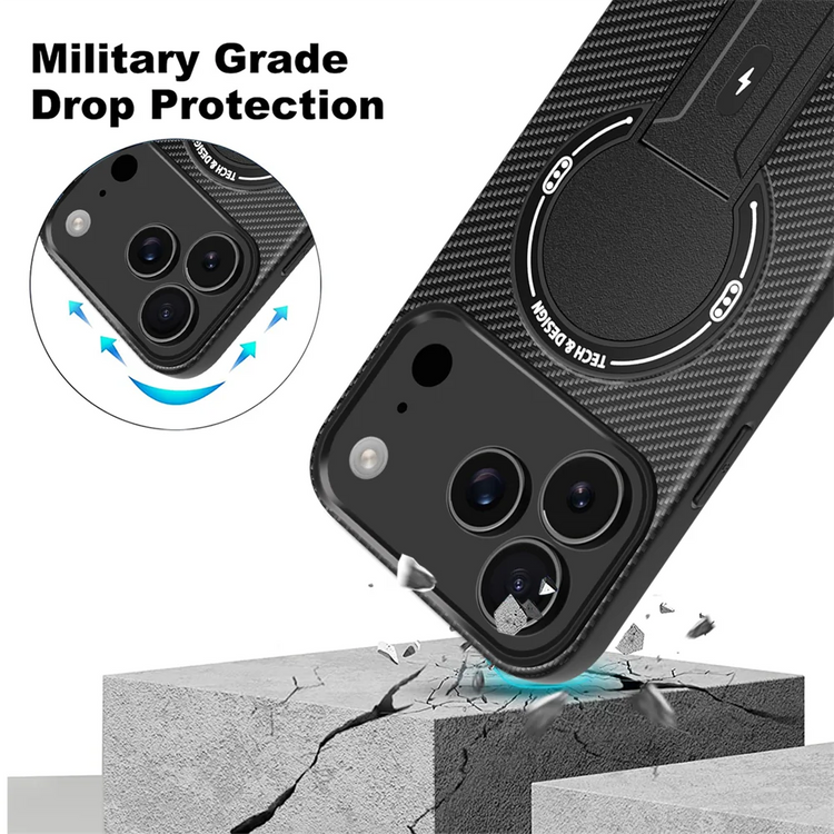 Luxury Carbon Fiber Pattern Fold Stand Magnetic Phone Case For iPhone 16 17 18 Pro Max Air 15 14 Plus 13 12 11 Military Cover