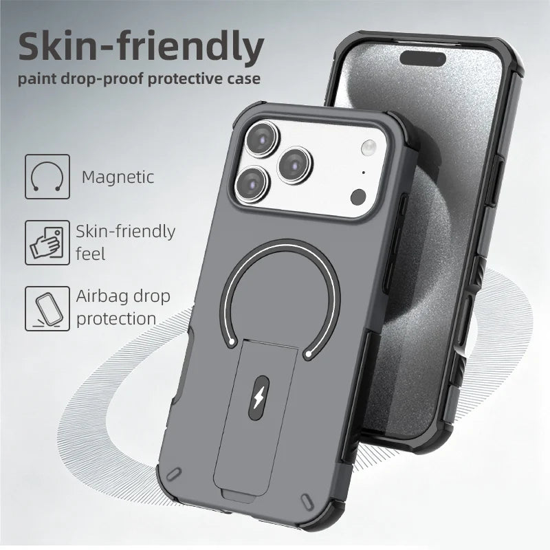 Luxury Fold Stand Holder For Magsafe Armor Phone Case for iPhone 17 16 Plus Pro Max Plus Magnetic Shockproof Bumper Matte Cover