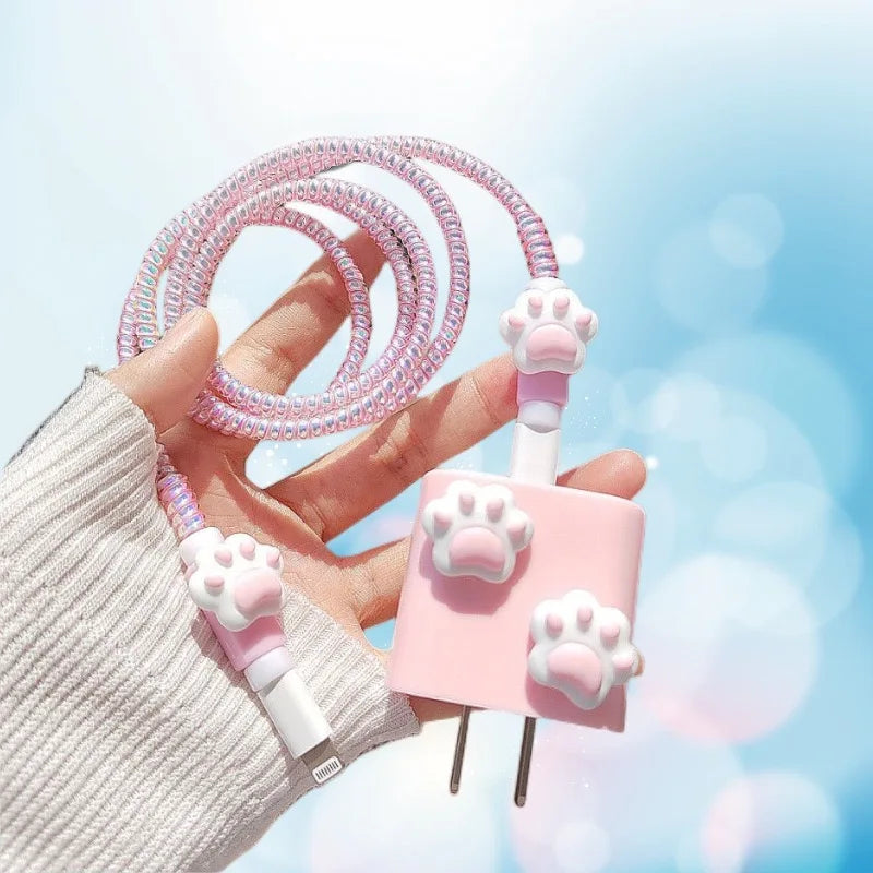Cute IPhone Charger Protector Case 18W 20W  Cartoon Cat Charger Head Cover Line Spiral Winder for IPhone 15 14 13 12 Pro Max