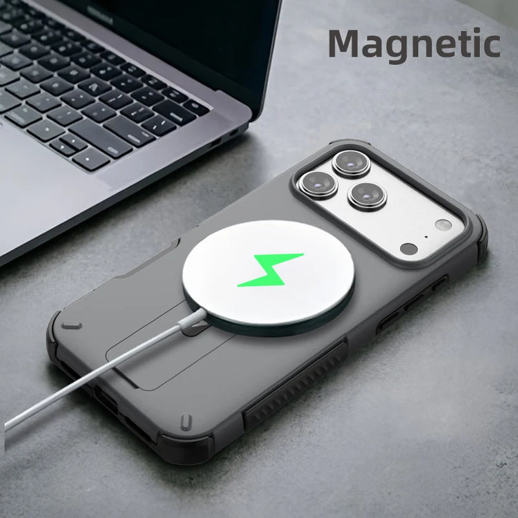 Luxury Fold Stand Holder For Magsafe Armor Phone Case for iPhone 17 16 Plus Pro Max Plus Magnetic Shockproof Bumper Matte Cover