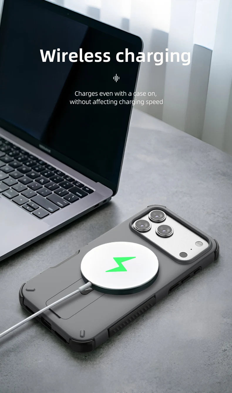 Luxury Fold Stand Holder For Magsafe Armor Phone Case for iPhone 17 16 Plus Pro Max Plus Magnetic Shockproof Bumper Matte Cover