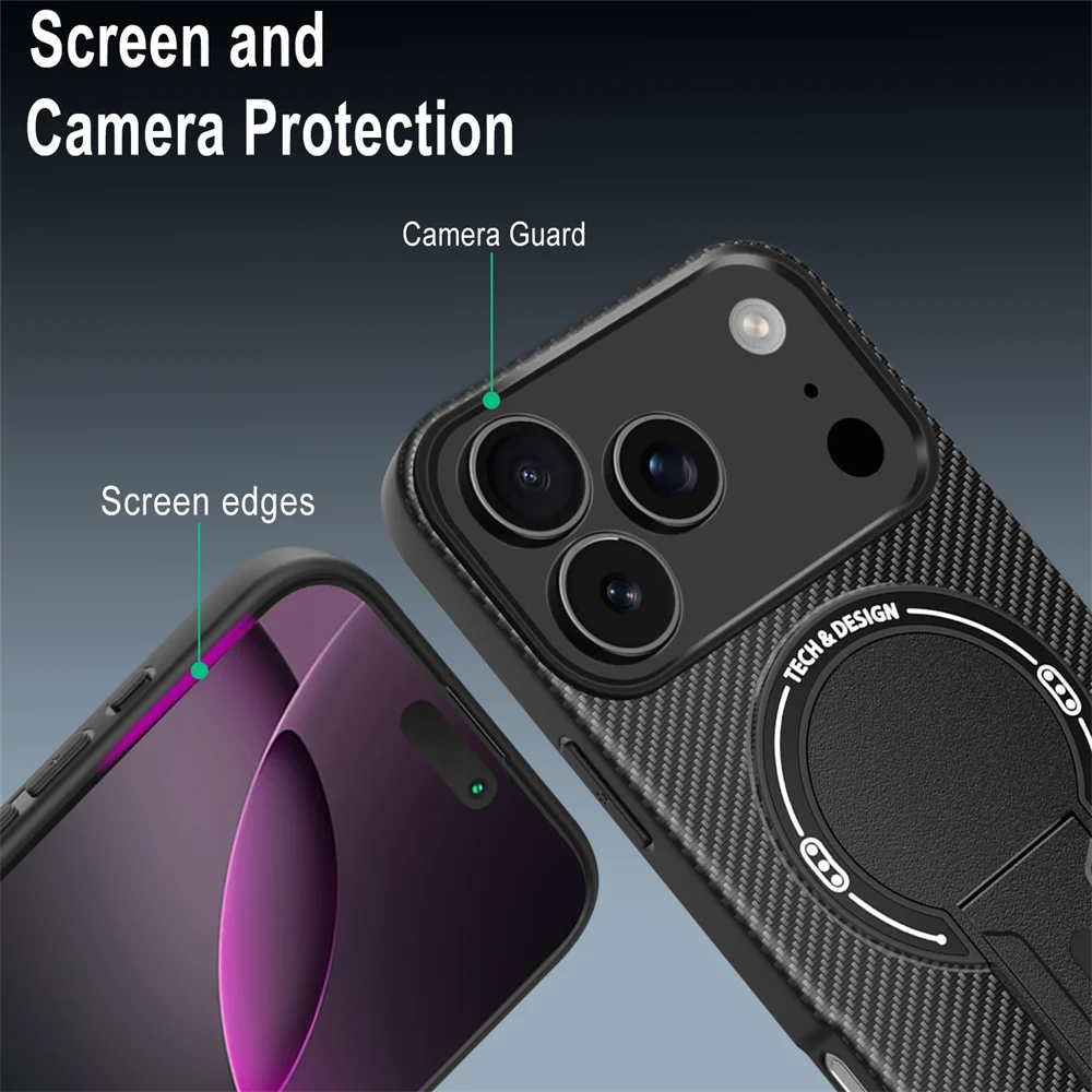 Luxury Carbon Fiber Pattern Fold Stand Magnetic Phone Case For iPhone 16 17 18 Pro Max Air 15 14 Plus 13 12 11 Military Cover