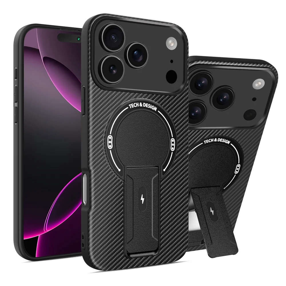 Luxury Carbon Fiber Pattern Fold Stand Magnetic Phone Case For iPhone 16 17 18 Pro Max Air 15 14 Plus 13 12 11 Military Cover
