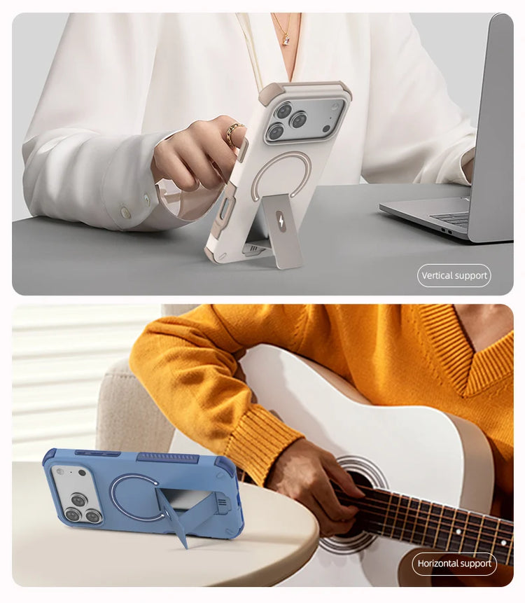 Luxury Fold Stand Holder For Magsafe Armor Phone Case for iPhone 17 16 Plus Pro Max Plus Magnetic Shockproof Bumper Matte Cover
