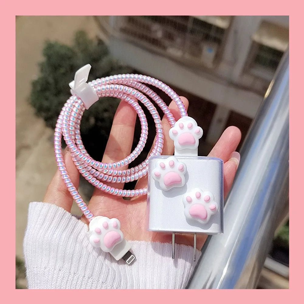 Cute IPhone Charger Protector Case 18W 20W  Cartoon Cat Charger Head Cover Line Spiral Winder for IPhone 15 14 13 12 Pro Max