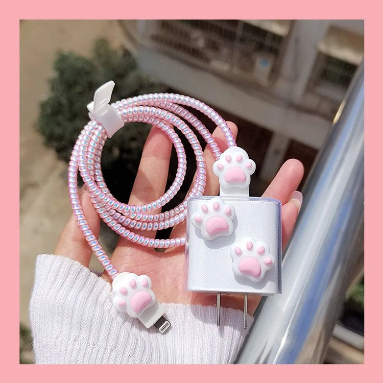 Cute IPhone Charger Protector Case 18W 20W  Cartoon Cat Charger Head Cover Line Spiral Winder for IPhone 15 14 13 12 Pro Max