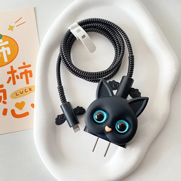 Cute IPhone Charger Protector Case 18W 20W  Cartoon Cat Charger Head Cover Line Spiral Winder for IPhone 15 14 13 12 Pro Max