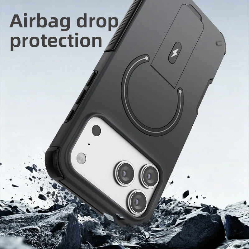 Luxury Fold Stand Holder For Magsafe Armor Phone Case for iPhone 17 16 Plus Pro Max Plus Magnetic Shockproof Bumper Matte Cover