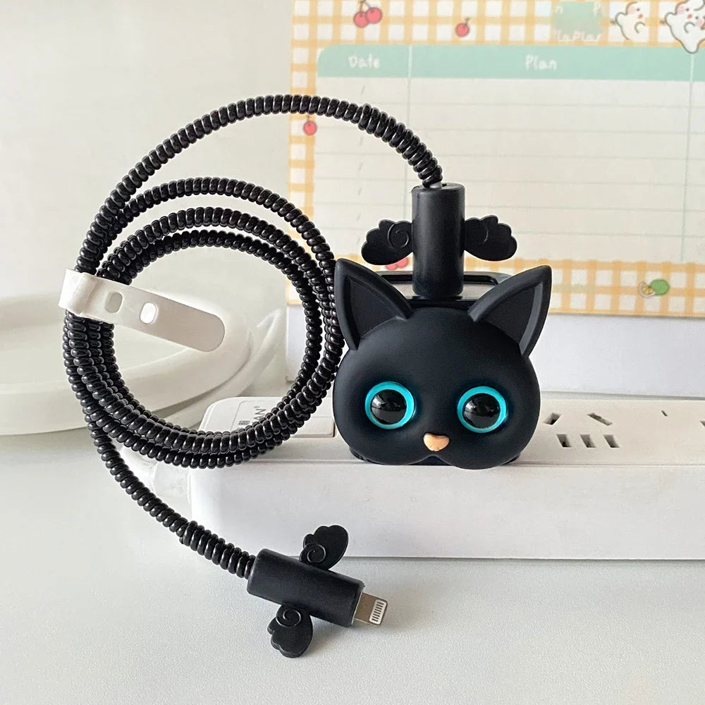 Cute IPhone Charger Protector Case 18W 20W  Cartoon Cat Charger Head Cover Line Spiral Winder for IPhone 15 14 13 12 Pro Max