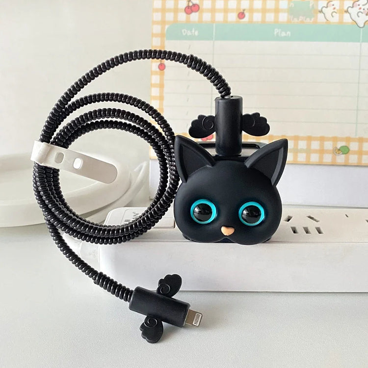 Cute IPhone Charger Protector Case 18W 20W  Cartoon Cat Charger Head Cover Line Spiral Winder for IPhone 15 14 13 12 Pro Max